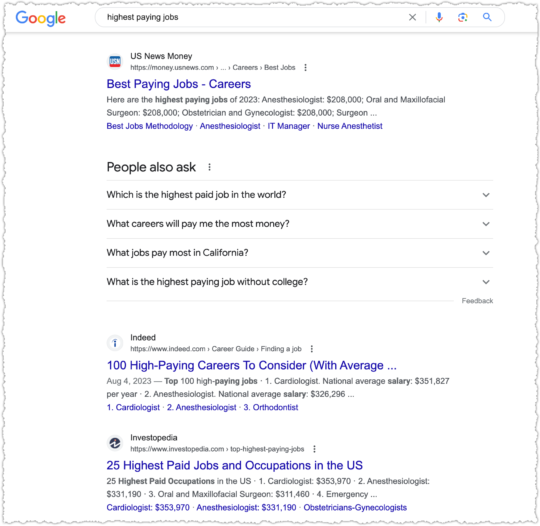 Google search results for highest paying jobs